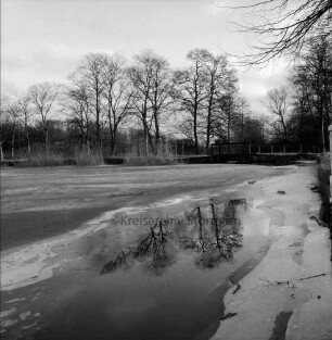 Mühlenteich mit Eisdecke: am gegenüberliegenden Ufer Mauer, rechts Wehr: dahinter Bäume: Winter