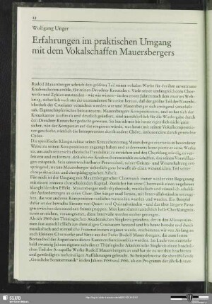 Erfahrungen im praktischen Umgang mit dem Vokalschaffen Mauersbergers