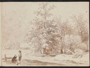 Zwei Kinder vor einer Landschaft mit dichter Baumgruppe [Aus dem Stammbuch des Freiherrn von Berlepsch]