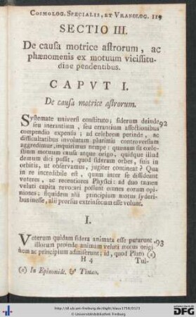 Sectio III. De causa motrice astrorum, ac phaenomenis ex motuum vicissitudine pendentibus.