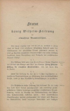 Statut der König Wilhelm-Stiftung für erwachsene Beamtentöchter