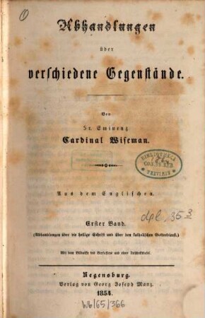 Abhandlungen über verschiedene Gegenstände, 1. Abhandlungen über die heilige Schrift und über den katholischen Gottesdienst