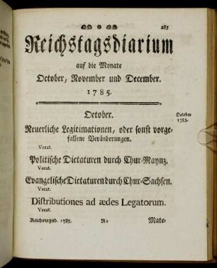 Reichstagsdiarium auf die Monate October, November und December. 1785.