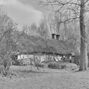 Strohgedecktes Blockhaus in Burg-Kauper. : Ze słomu skryte kładźity twar statoka w Kupaŕskich Bórkowach.