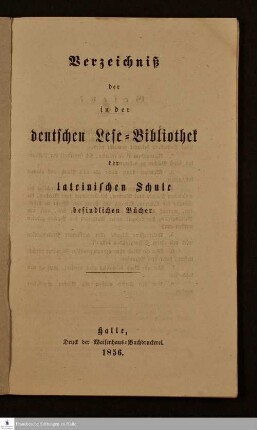 Verzeichnis der in der deutschen Lese-Bibliothek der lateinischen Schule befindlichen Bücher