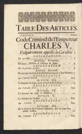 Table Des Articles = Register der Articul