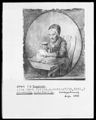 Alte Frau mit Sanduhr und Bibel