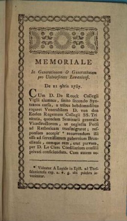 Memoriale In Generationem Et Generationem Pro Universitate Lovaniensi. De 11 9bris 1787.