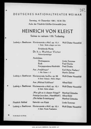 Heinrich von Kleist Soiree zu seinem 150. Todestag