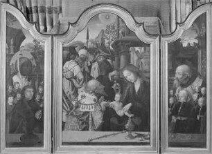 Anbetung der Heiligen drei Könige mit Heiligen und Stiftern