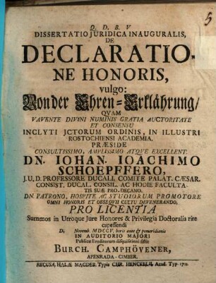 Dissertatio Juridica Inauguralis, De Declaratione Honoris, vulgo: Von der Ehren-Erklährung