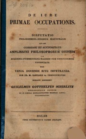 De iure primae occupationis : Disp. philos. iur. inaug.