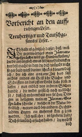 Vorbericht an den auffrichtigen Leser.