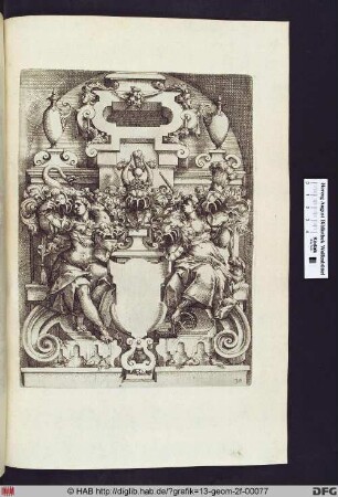 Leeres Wappen mit zwei sitzenden Schildhalterinnen.
