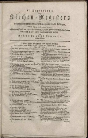 6: Fortsetzung des Kirchen-Registers der Herzoglich Wirtembergischen Universitäts-Stadt Tübingen