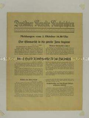 Nachrichtenblatt der "Dresdner Neueste Nachrichten" u.a. zum Einmarsch der Wehrmacht ins Sudetenland und zur Ernennung von Henlein zum Reichskommissar