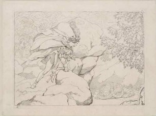Zu Schillers "Der Kampf mit dem Drachen", Blatt 6: Der Ritter beobachtet den schlafenden Drachen