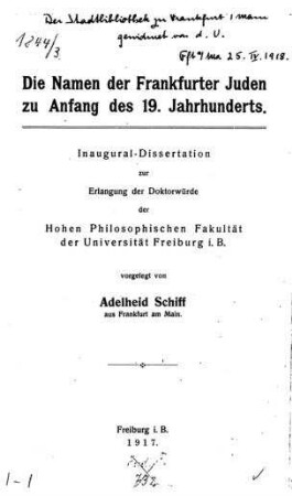 Die Namen der Frankfurter Juden zu Anfang des 19. Jahrhunderts / vorgelegt von Adelheid Schiff