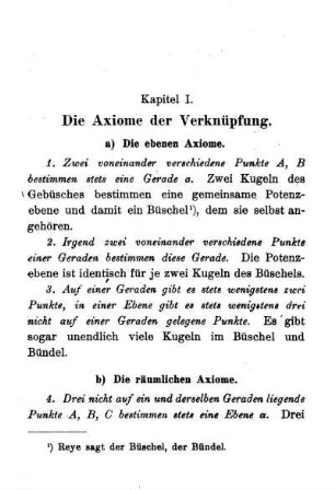 Kapitel I. - Die Axiome der Verknüpfung. a) Die ebenen Axiome.