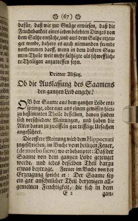 Dritter Absatz. Ob die Auslassung des Saamens den gantzen Leib angehe?