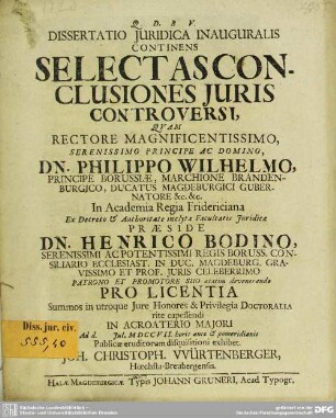 Dissertatio Iuridica Inauguralis Continens Selectas Conclusiones Iuris Controversi