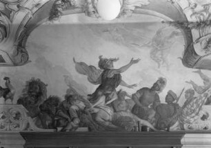 Allegorie auf die Herrschaft Kaiser Leopolds I. — Eine allegorische Gestalt ruft zur Wachsamkeit gegenüber Frankreich auf