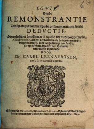 Copie van de Remonstantie ... : Overghelevert beneffens de Requeste der medeborgheren van Amstelredamme inde vergaderinge van de ... Staeten