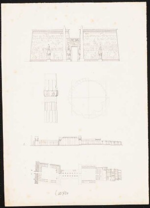 Tempel von Luxor, Luxor (Theben-Ost): wie Inv.Nr. 44868,2, Druck von Inv.Nr. 44867 (ohne aufgeklebten Zeichnungen): Grundriss, Längsschnitt, Ansicht und Säulendetails