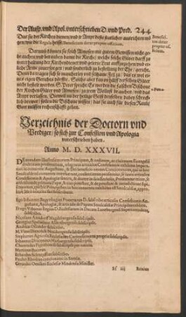 Verzeichnis der Doctorn und Prediger/ so sich zur Confession und Apologia unterschrieben haben. Anno M. D. XXXVII.