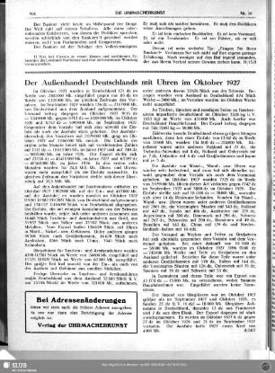 Der Außenhandel Deutschlands mit Uhren im Oktober 1927