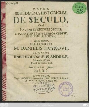 Schediasma Historicum De Seculo