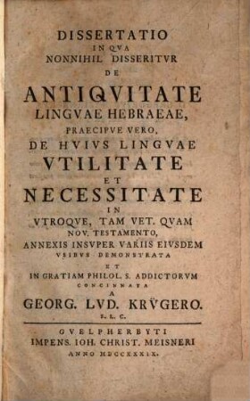 Dissertatio de antiquitate linguae hebraeae
