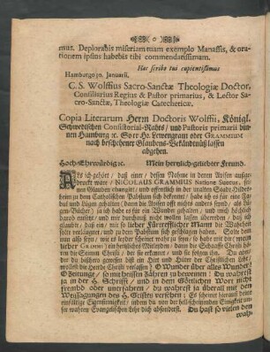 Copia Literarum Herrn Doctoris Wolffii ...