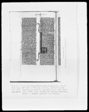 Biblia latina — Initiale H (aec sunt verba), darin spricht Moses zu Israel, Folio 74verso