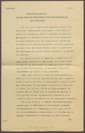 Französische Antwort auf das deutsche Memorandum bzgl. eines Eintritts in den Völkerbund