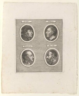 Tafel mit vier Porträts: Zwingli, Diderot, Bolingbroke, Menno Simons.