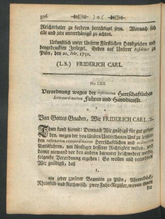 No. LXII. Verordnung wegen der reservirten Herrschaftlichen Extraordinairen Fuhren und Handdienste