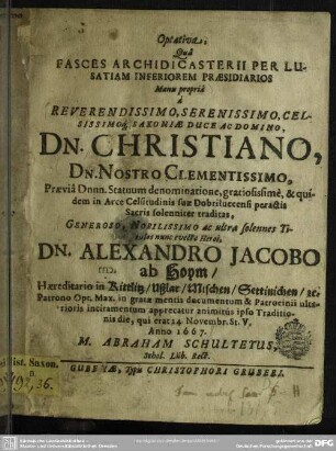 Optativa qua fasces archidicasterii per Lusatiam inferiorem ...