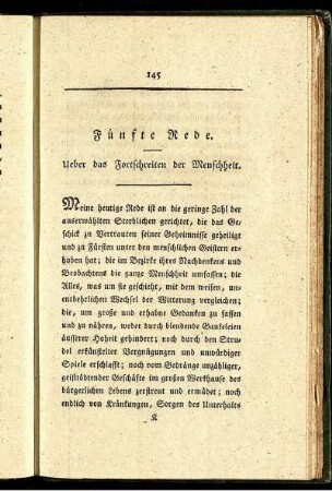 Fünfte Rede. Ueber das Fortschreiten der Menschheit.