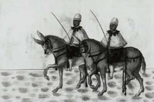 Zwei Reitknechte als Spießträger auf Maultieren im Gefolge des Merkur in der Midas-Invention, Blatt 76 ( Seite 80 b)