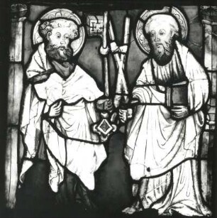 Apostel Petrus und Andreas. Glasmalerei, um 1430. Salzwedel, Johann-Friedrich-Danneil-Museum. Ausstellung "Mittelalterliche Glasmalerei in der DDR", Angermuseum Erfurt 1989/1990. Kat. Nr. 44