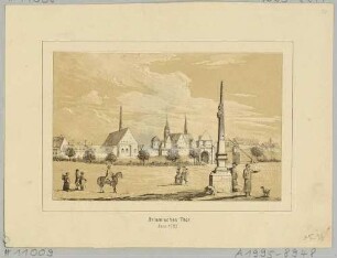 Das Grimmaische Tor in Leipzig von Osten über den Vorplatz (heute Augustusplatz) im Zustand von 1785 mit einer sächsischen Postmeilensäule, im Hintergrund die Paulinerkirche und die Nikolaikirche