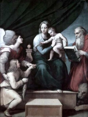 Thronende Madonna mit dem Erzengel Raphael, Tobias und Hieronymus (Madonna del Pesce)