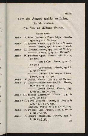 XXXVII-XLIV, Liste des Auteurs traduits en Italien, dits de Collana.