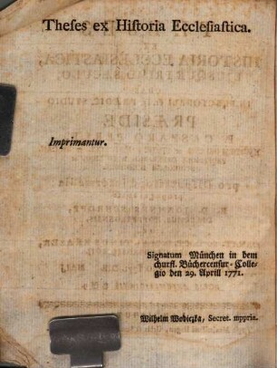 Thesis ex historia ecclesiastica, eiusque primo saeculo