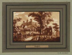 Ansicht von Stolpen, Radierung, um 1840 : Stolpen, [ca. 1840]. - 1 Kunstblatt : Radierung, sepia laviert ; 10,4 x 6,7 cm