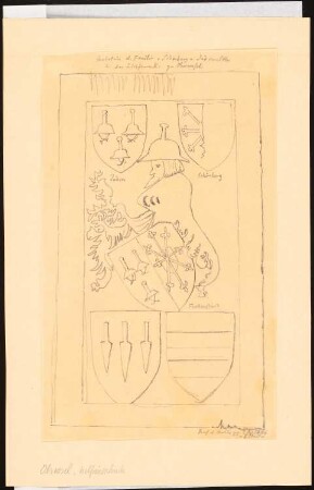 Grabstein der Familien von Schönberg und Juden von Köln in der Liebfrauenkirche, Oberwesel: Aufriss des Grabsteins mit Abbildung eines Mannes mit Judenhut und fünf Wappen