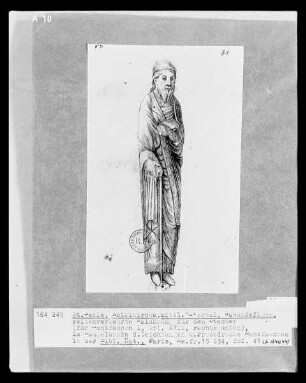 Les monuments de la monarchie française. Sammelband der Zeichnungen und Probedrucke Montfaucons — Saint-Denis, Abteikirche, Gewändefigur des mittleres Westportals, Seitenverkehrte Zeichnung für den Stecher (für Bd. I, Taf. XVII), Folio fol. 41