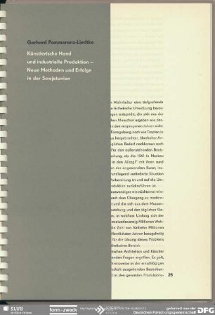 Künstlerische Hand und industrielle Produktion - Neue Methoden und Erfolge in der Sowjetunion
