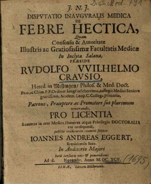 Dispvtatio Inavgvralis Medica De Febre Hectica